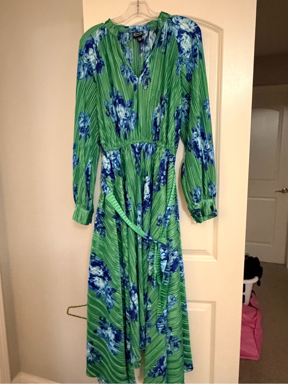 Green Floral Long-Sleeve Midi Dress with Blue Floral Print